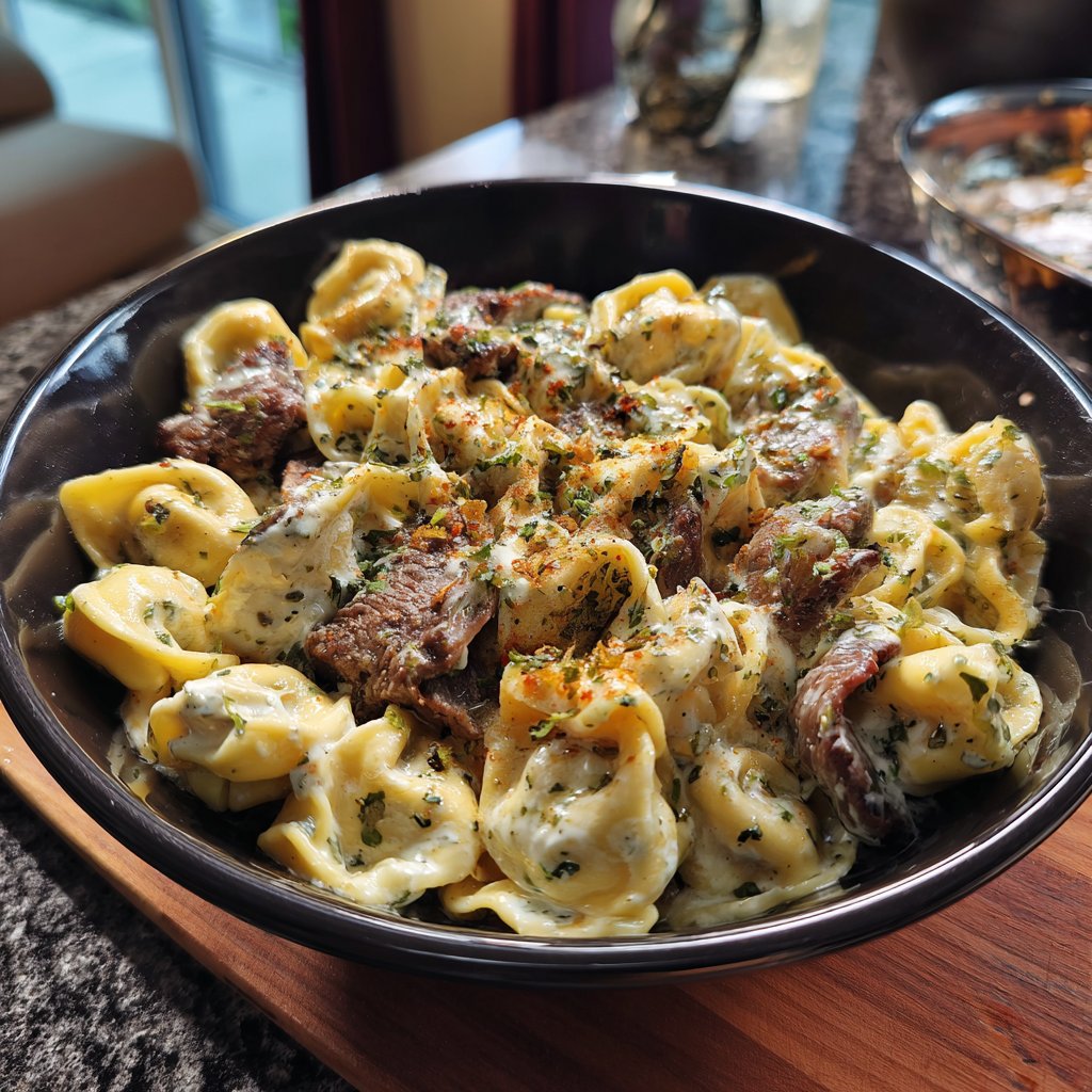 Garlic Steak Tortellini with Gorgonzola Cream