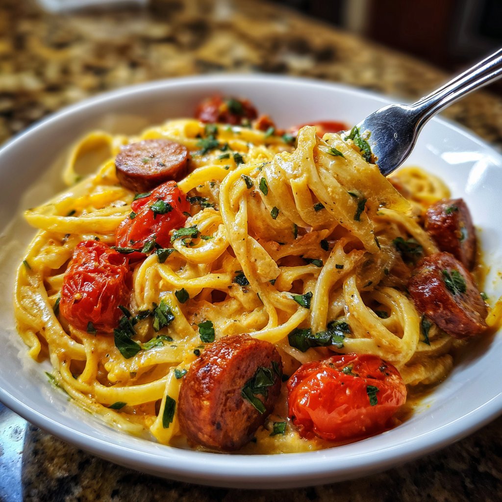 One Pot Cajun Sausage Pasta with Tomato Cream Sauce